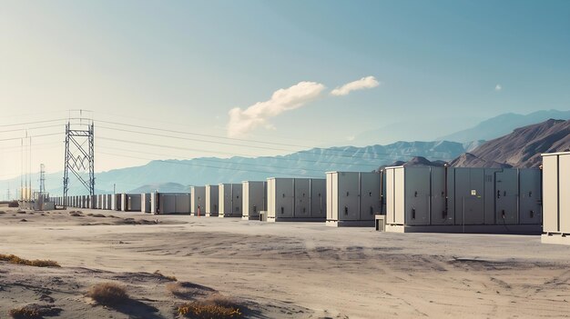 Photo battery storage array at power plant in the desert near palm springs generative ai