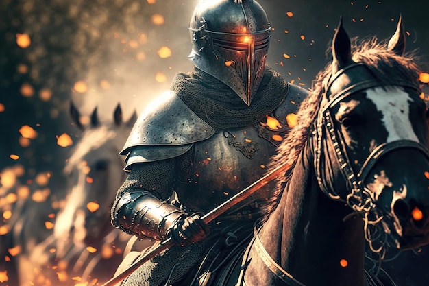 Battle of knights in armor on the battlefield the struggle of good against evil Knights riders galloping on horses Sparks and flames portraits of warriors 3d render