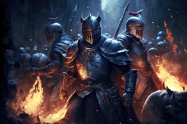 Battle of knights in armor on the battlefield the struggle of good against evil Knights riders galloping on horses Sparks and flames portraits of warriors 3d render