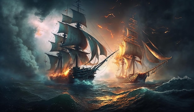 Battle of sea old sailing ships in fire and smoke illustration generative AI