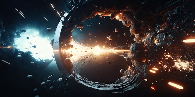 Battle of spaceships attack on the space station Explosion of a ship in space