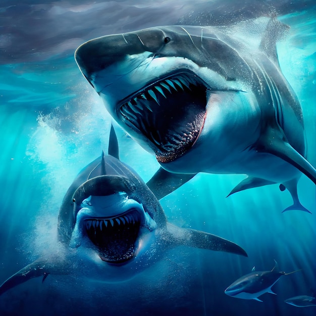 The battle of the two big menacing sharks in the ocean The Bloody Scramble of the Terrible Sharks