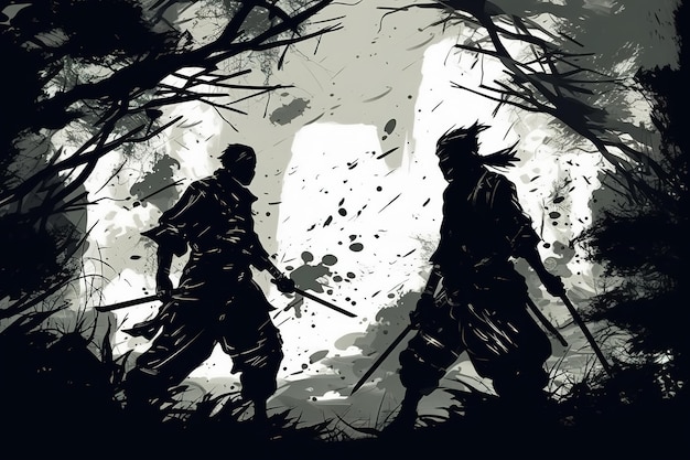 Battle of two warriors silhouettes of samurai with swords in forest Generative AI illustration