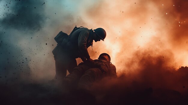 Photo battlefield medic tending to wounded soldier dramatic photo