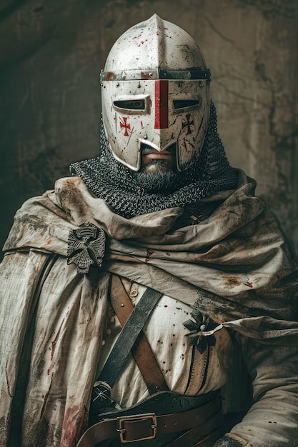 Photo battleworn templar knight in chainmail and helmet