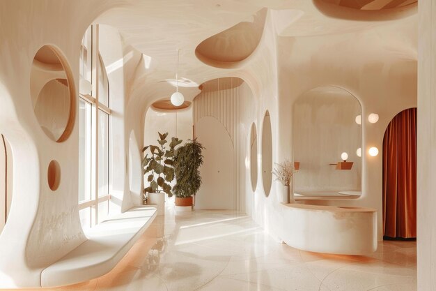 Bauhaus Inspired Entryway With Curved Walls and Floating Bench