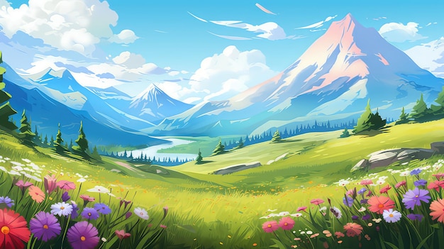 Bautiful nature background with mountain green grass flowers river lake generative ai