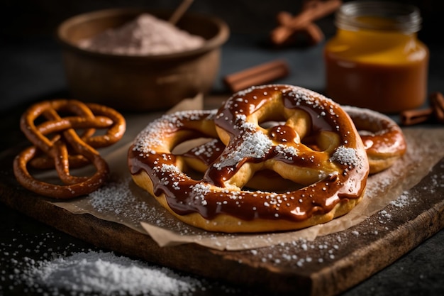 Bavarian baked freshly prepared homemade soft pretzel lying among pretzels