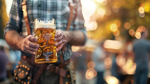 Photo bavarian man in traditional lederhosen oktoberfest ambiance isolated on a blurred background