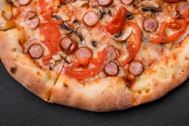 Bavarian pizza with smoked sausages tomatoes cheese salt and spices