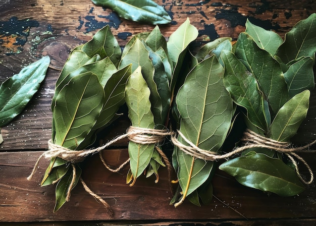 Bay leaves tied with string on rustic wooden table