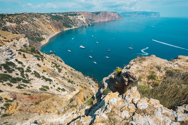 Bay. Top view of the sea with ships from the cape