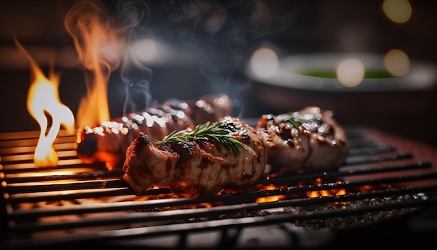 bbq frying on grill fire background