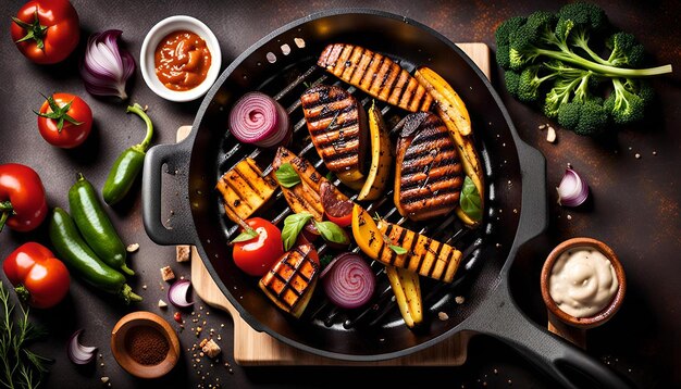 Photo bbq grill pan with assorted grilled vegetables