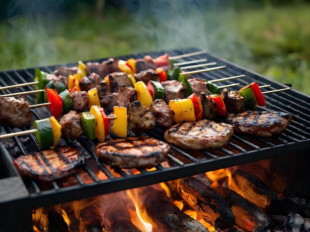 Photo a bbq grill with an array of kebabs sizzling over an open flame with glowing coals beneath