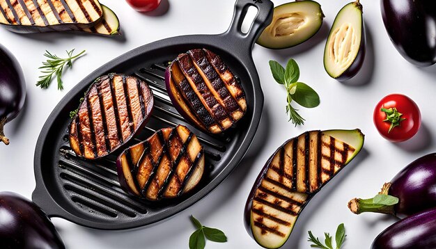 Photo bbq grill with grill marks on slices of eggplant