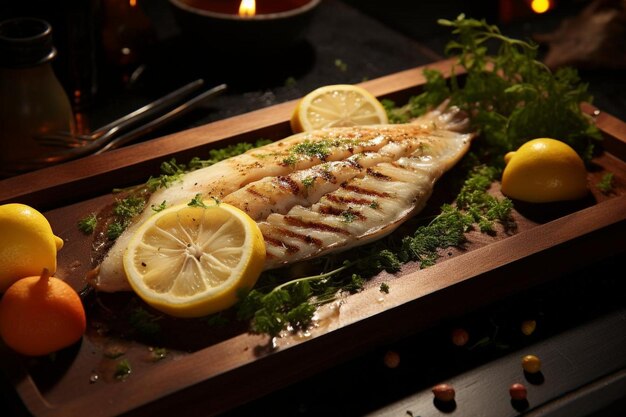 Photo bbq grilled fish fillet lemon butter f