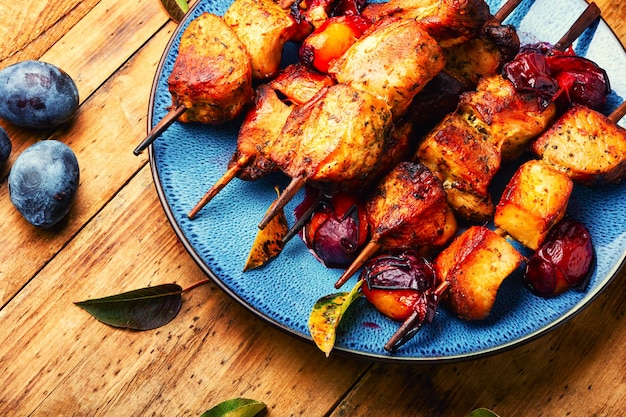 BBQ meat, barbecue. Delicious fried kebabs on skewers.