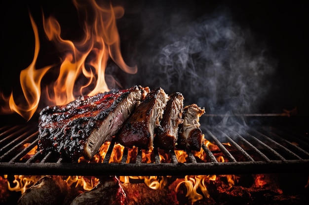 BBQ meat grilled dark background smoke fire Beef steaks on the grill with flames AI generation