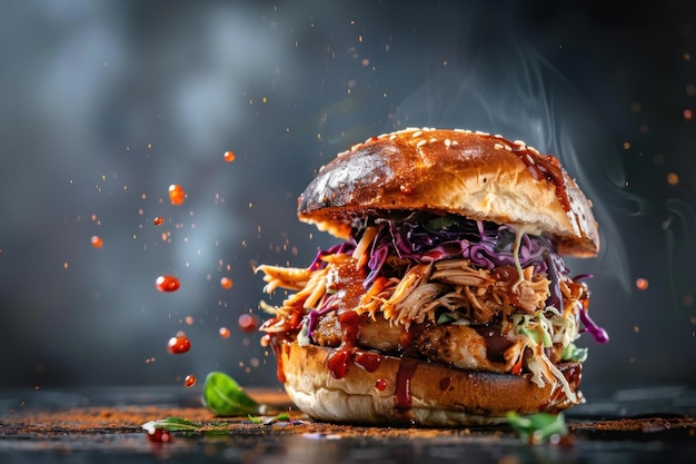 Photo a bbq pulled chicken burger with pulled chicken coleslaw and bbq sauce on a toasted bun ingredients