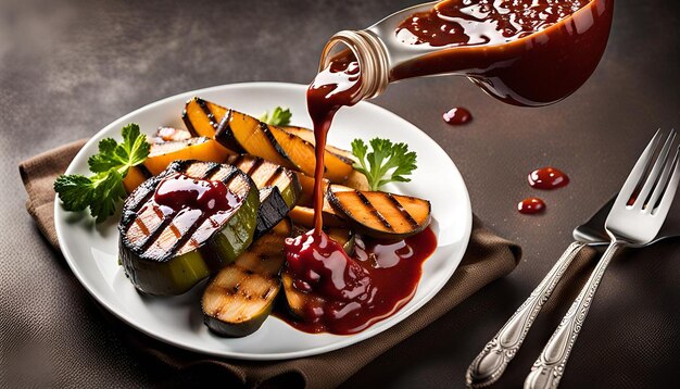 Photo bbq sauce dripping onto a plate of grilled vegetables