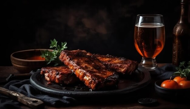 Photo bbq smoked ribs with a dark background