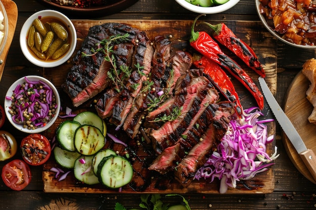 BBQ Steak Dinner with Pickled Veggies and Marinated Peppers on Table