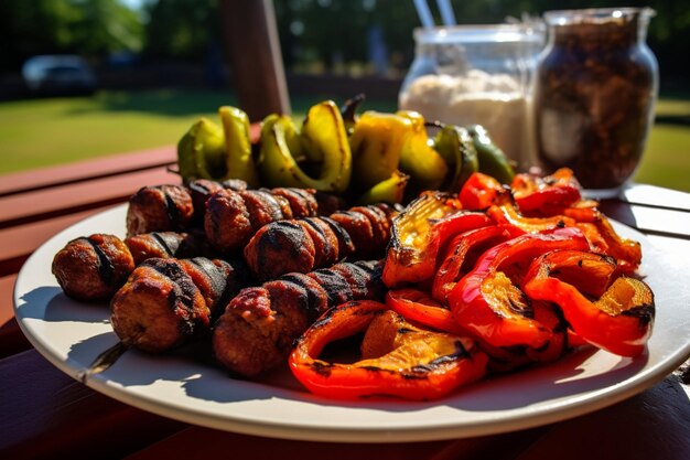 Bbq with a variety of meats complete with tomatoes and bell peppers on a white plate