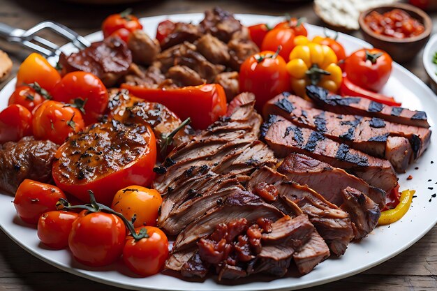 bbq with a variety of meats complete with tomatoes and bell peppers on a white plate