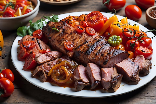 bbq with a variety of meats complete with tomatoes and bell peppers on a white plate