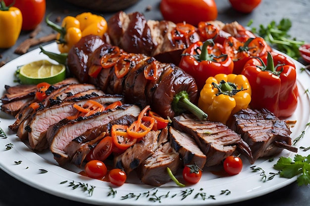 bbq with a variety of meats complete with tomatoes and bell peppers on a white plate