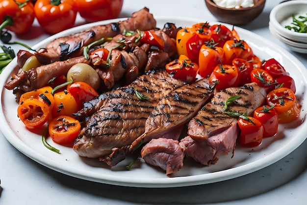 bbq with a variety of meats complete with tomatoes and bell peppers on a white plate