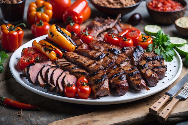 bbq with a variety of meats complete with tomatoes and bell peppers on a white plate