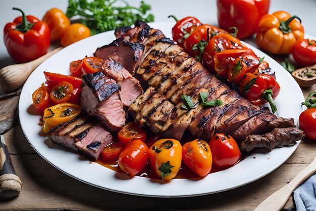 bbq with a variety of meats complete with tomatoes and bell peppers on a white plate