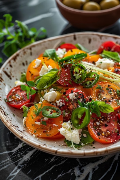 Photo bcolorful tomato salad with feta cheese and microgreens