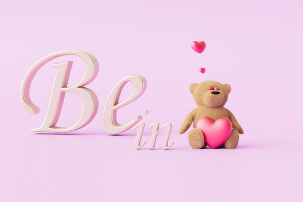 Be in love concept teddy bear with a heart on a pastel background 3D render