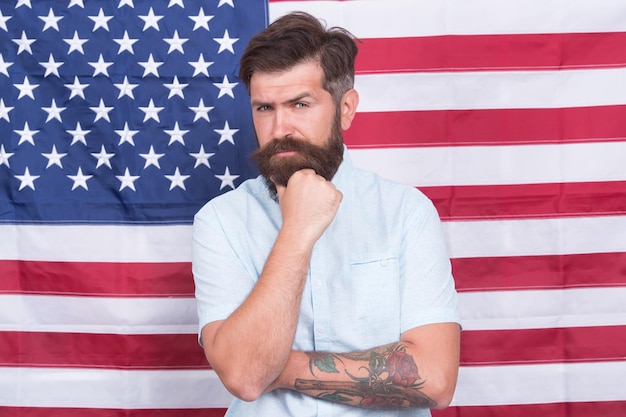 Be proud American Patriotic education legal system in America businessman at american flag Forward Independence day public holiday 4 of july independence day bearded man celebrate freedom