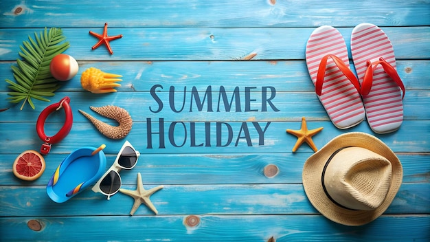 Beach Accessories On Blue Plank Summer Holiday Banner