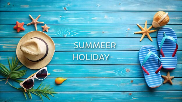 Beach Accessories On Blue Plank Summer Holiday Banner