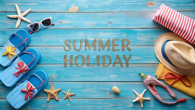 Beach Accessories On Blue Plank Summer Holiday Banner