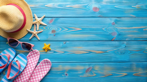 Beach Accessories On Blue Plank Summer Holiday Banner