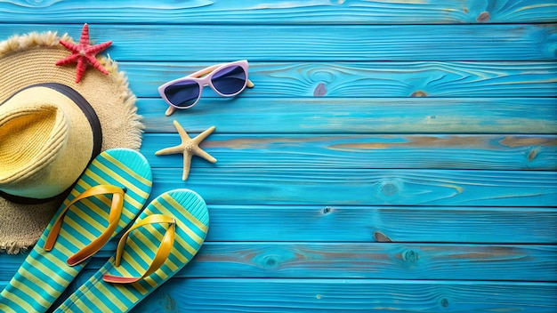 Beach Accessories On Blue Plank Summer Holiday Banner