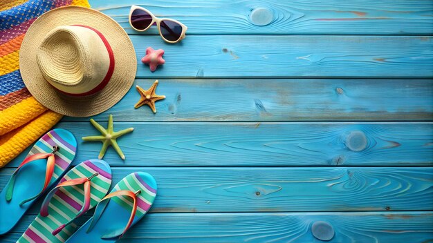 Beach Accessories On Blue Plank Summer Holiday Banner