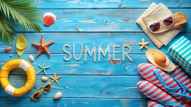 Beach Accessories On Blue Plank Summer Holiday Banner