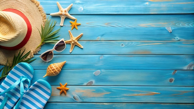 Photo beach accessories on blue plank summer holiday banner