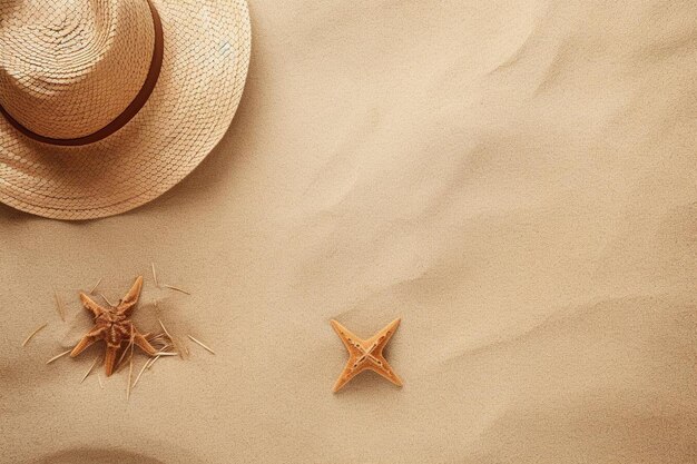 Beach accessories on sandy summer background