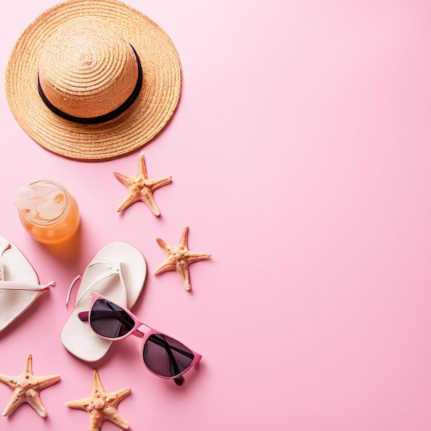 Beach accessories with straw hat sunscreen bottle and seastar on pink background top view with copy space