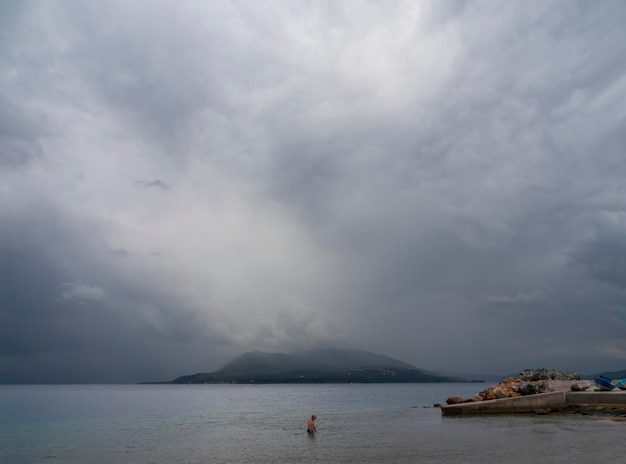 Beach on the Aegean Sea in Greece before rain and thunderstorm