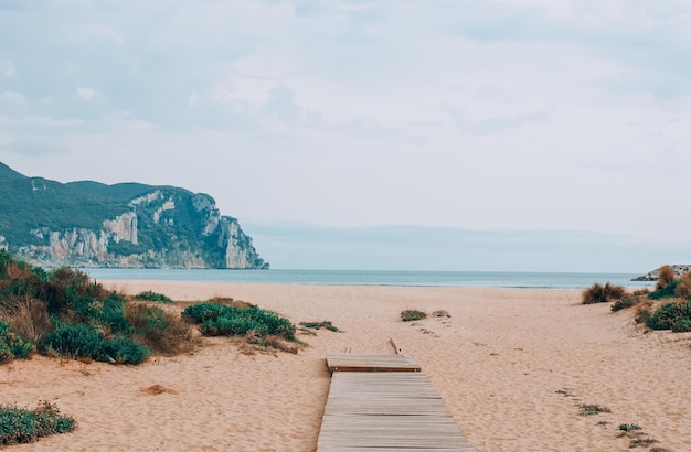 Beach against the backdrop of mountains