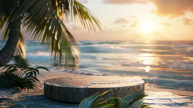 Beach background at sunset with tropical elements with a round 3d rock podium in the bottom of the